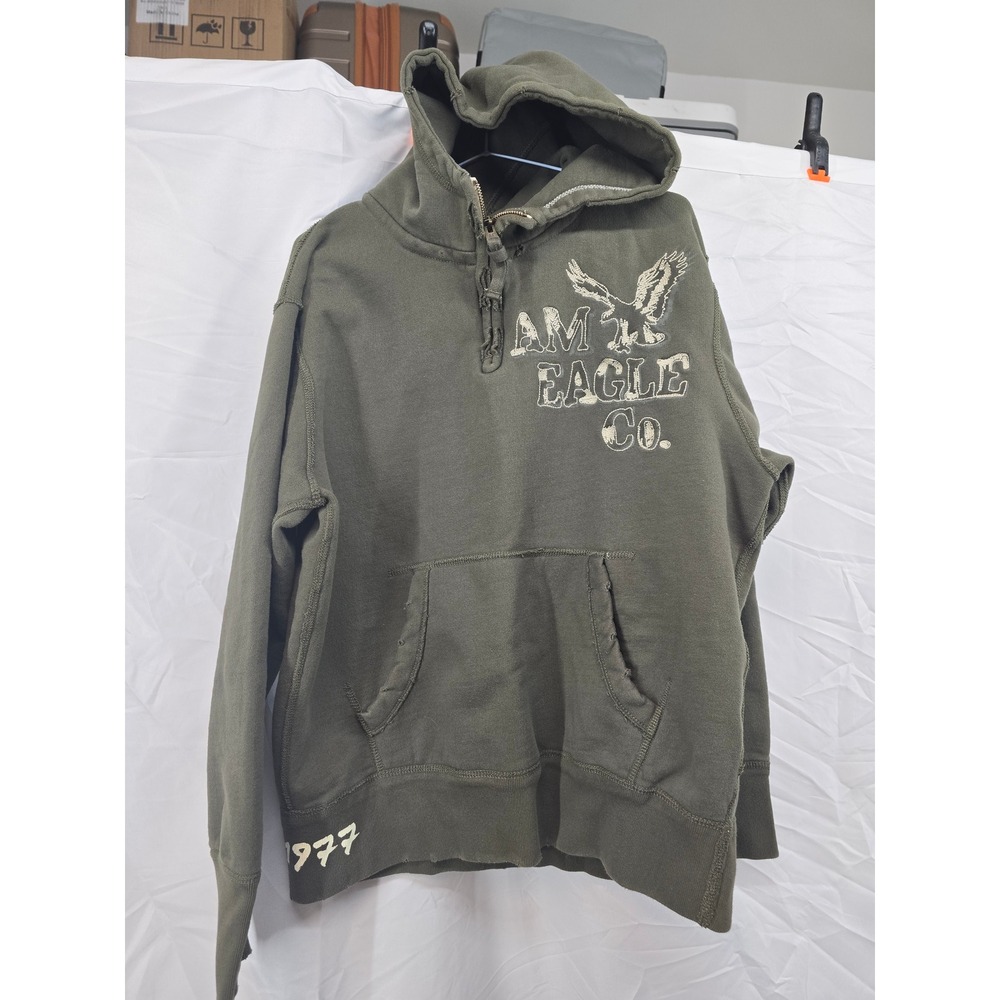 American Eagle Outfitters Men Olive Green Graphic Hoodie Sweatshirt AE 1977 Sz L